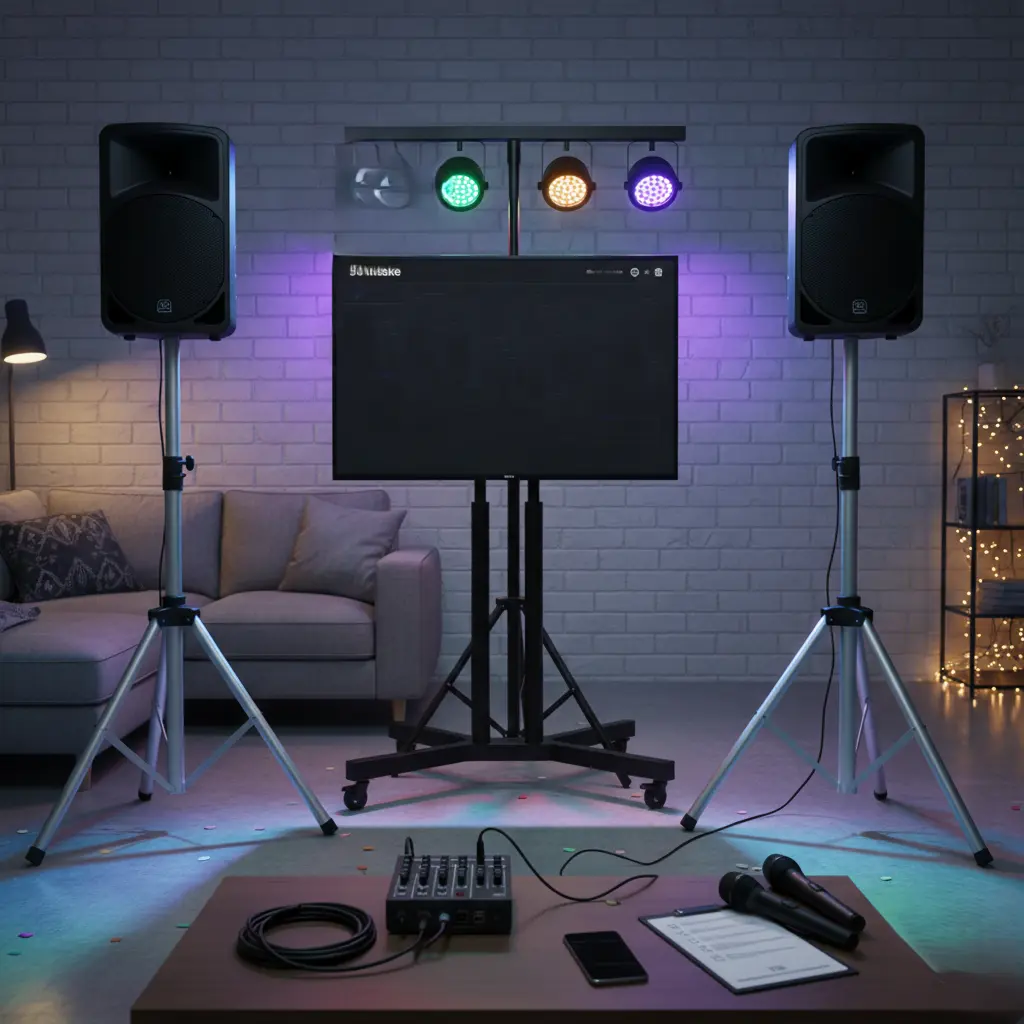 Renta de equipo de audio profesional con dos bafles y set de 3 luces robóticas para fiestas pequeñas en CDMX.